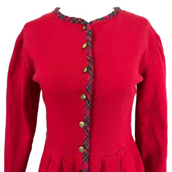 Vintage 80s Does 40s Talbots Dress M – Red, Plaid Trim, Gold Buttons, Preppy - Picture 2 of 10